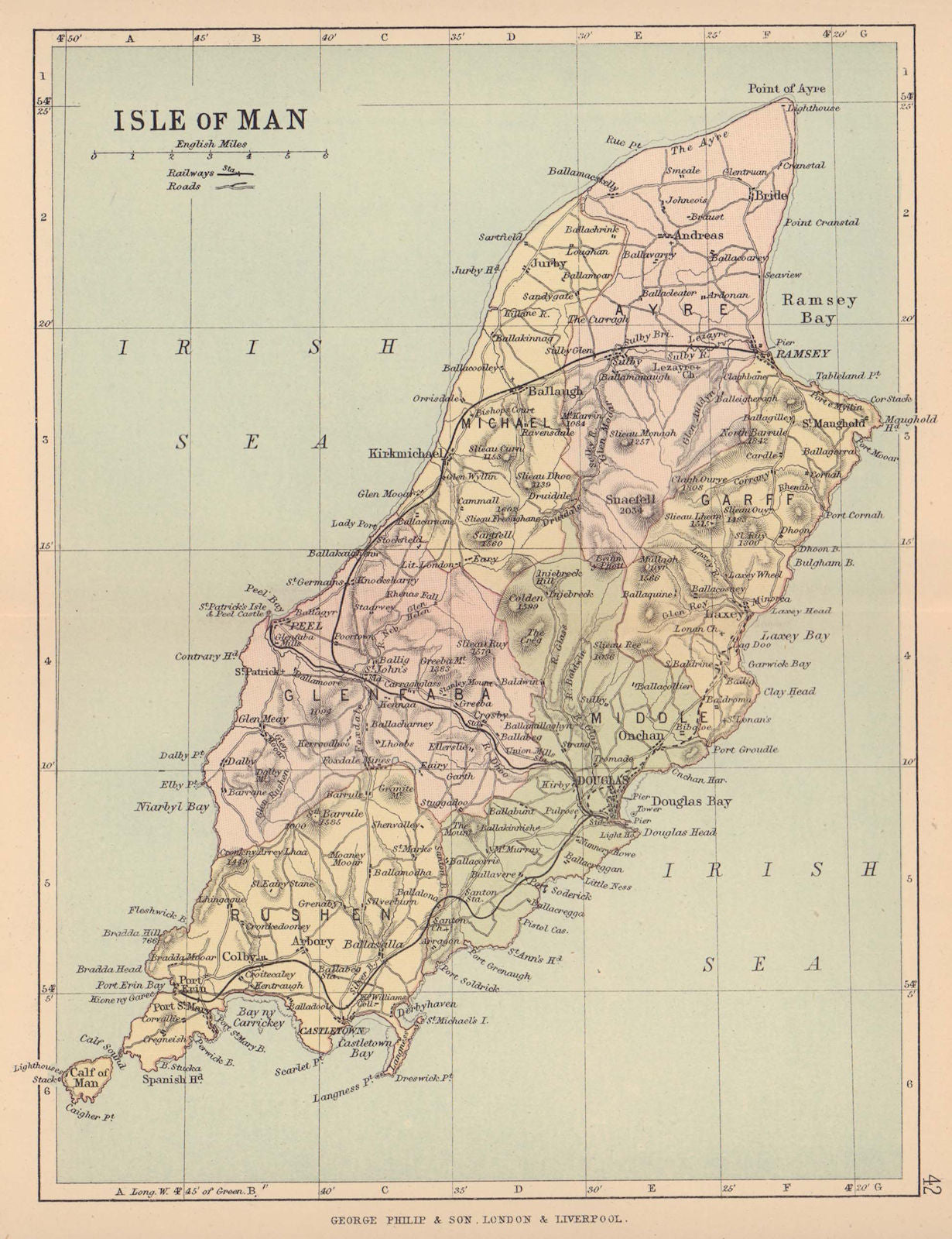 ISLE OF MAN. Antique map showing sheadings. Railways roads. PHILIP 1885